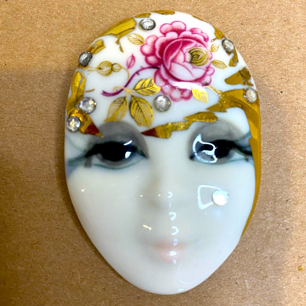Vintage Gabriella 1970's Art Deco Porcelain Woman's Face Brooch with Rhinestones